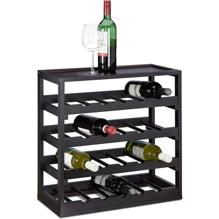 Relaxdays Wooden Wine Rack H x W x D: approx. 52 x 52 x 25 cm Robust bottle rack for wine, wine bottle rack in elegant black, wine bottle holder with 4 levels for 20 bottles, bottle holder, black
