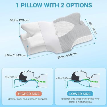 Подушка ортопедична Elviros з піни Memory Foam для сну на боку, 64х38 см, сіра - комплект 2 шт.