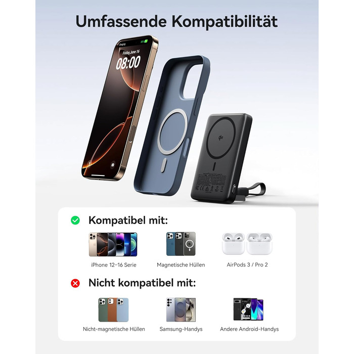 Power Bank MagSafe 45W з підтримкою Qi2, 10000mAh, з кабелем USB-C та підставкою, сумісний з iPhone 17/16/15/14/13