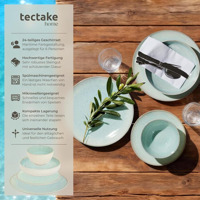 Набір посуду TekTake 24 предмети на 6 осіб, керамічний, ручна робота, Mid Sea - для мікрохвильовки та посудомийної машини