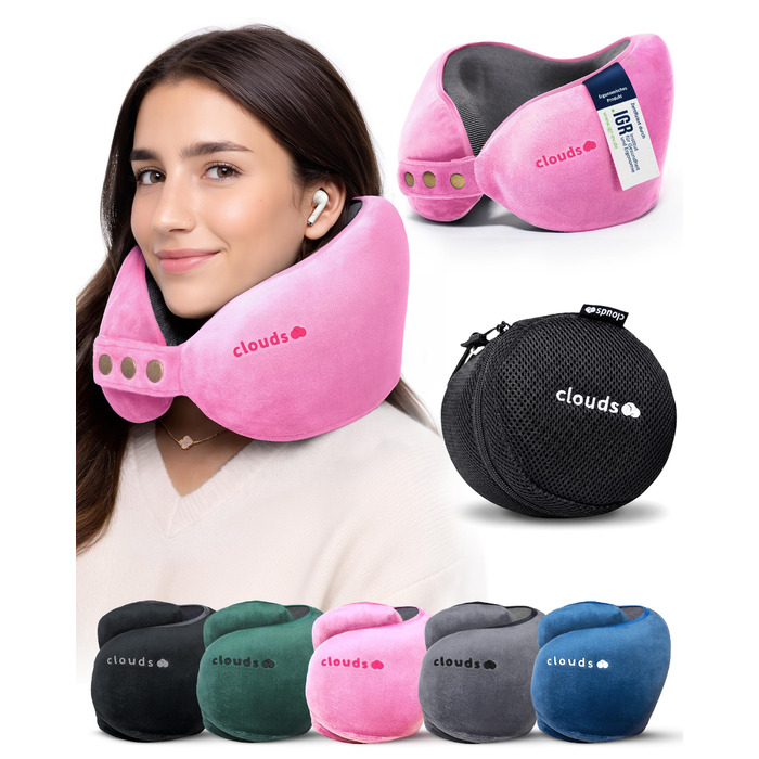 Подушка для шиї CLOUDS для подорожей: авто, літак. Memory Foam, регульована, 2 розміри (S/M), дихаючий чохол, рожевий.