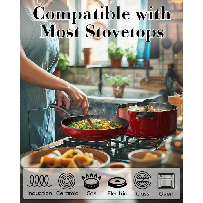 Cook N Home набір антипригарних сковорідок 3 шт, 20/25/28 см, мармурово-червоні, для індукційних плит