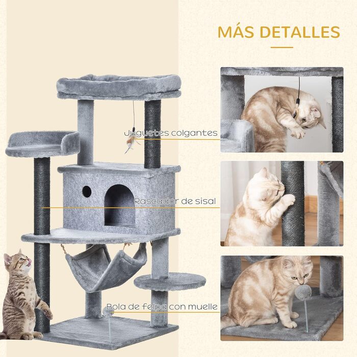 Кігтеточка PawHut для котів з тунелем, гамаком та платформами, 48x48x107 см, сіра