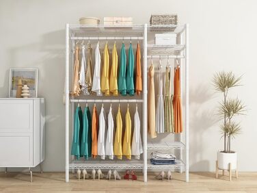 KZOBYD Clothes Rack, Freestanding Clothes Rail with Shelf Metal Wardrobe with Hanging Rods Open Closet with 4 Adjustable Shelves for Coats, Dresses, Shoes (White)