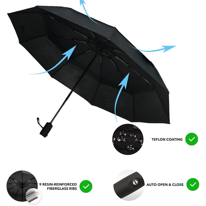 AMVUZ Сонцезахисний парасоль від дощу, стійкий до вітру, автоматичний, туристичний, чорний, з двошаровим покриттям