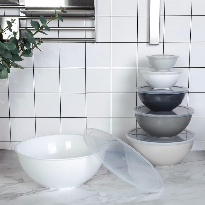 Набір мисок для перемішування BoxedHome з кришками, 12 штук. Пластикові миски для салату, неслизькі, стекові сервіровочні миски для кухні (6 мисок та 6 кришок, білий сірий)