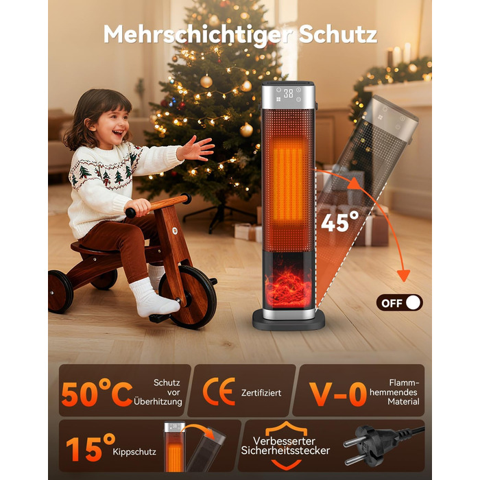 Електричний обігрівач PTC з керамічним нагрівачем, 2200W, з пульт дистанційного керування, 4 режими, таймер 12H, термостат, ECO-режим, осциляція 70°, захист від перегріву та перекидання, для дому та офісу (чорний, 65 см)