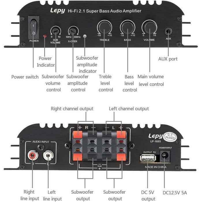 Автоусилювач DollaTek LEPY LP-168S 2.1CH Hi-Fi з сабвуфером, стерео підсилювач для авто, мотоцикла та домашньої акустики, LED-підсвітка, супер бас