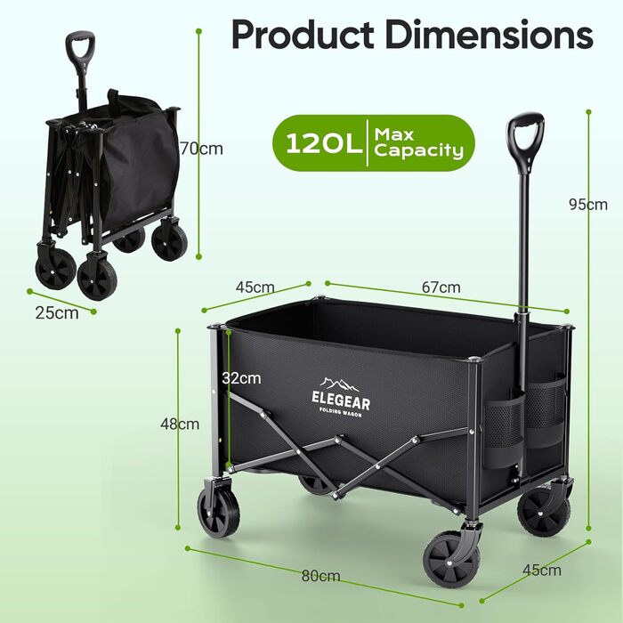 Візок-телега Elegear складний пляжний 120л, 150кг, з гальмами, 2 тримачі для напоїв, 2 бічні кишені, для саду, кемпінгу, чорний