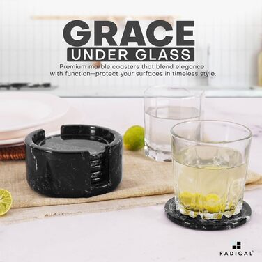 Radical coasters for drinks, marble, 8.9 cm, handmade, for cups and glasses, coaster set for kitchen, car, office, white, set of 6 (black)