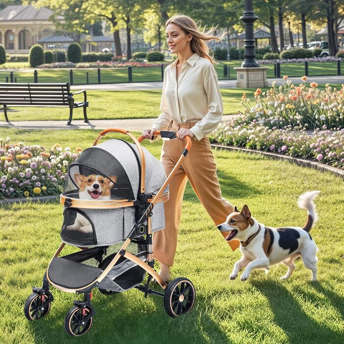 Візок для собак та котів 3 в 1 DWVO, до 22 кг, сірий, з переноскою та аксесуарами