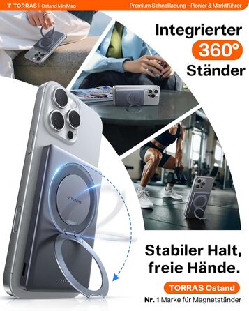 Power Bank TORRAS MiniMag Ultra Slim з MagSafe, 360° підставка, 18W, 5000mAh, магнітне кріплення, сірий титан. Сумісний з iPhone 17 Pro Max/Air/16/15/14/13/12