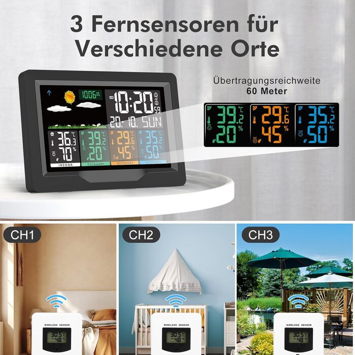 Jelly Weather Station Radio with 3 Outdoor Sensors, Color Display, Radio Weather Stations Indoor Thermometer Hygrometer Outdoor Thermometer Station, Radio Weather Station with Weather Forecast, Temperature, Humidity
