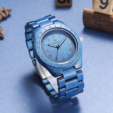 Чоловічий дерев'яний годинник Uwood серії Uw1001blue: ручна робота, кварцовий механізм, аналоговий циферблат, римські цифри, сандалове дерево, вінтажний стиль