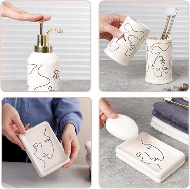 4-Piece Ceramic Bathroom Set, Artistic Line Face Bathroom Accessories Set with Soap Dispenser, Toothbrush Holder, Cup, Soap Dish, Abstract Bathroom Set for Decor, Cream