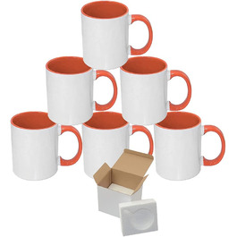 MR.R Set of 6 Sublimation Blanks, Dishwasher Safe, White Ceramic Mug, Porcelain, Coffee Mug with Inner Handle, Orange Color, Round Handle, 11 Ounces, for Heat Transfer Printing