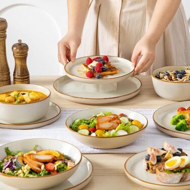 Набір посуду на 6 осіб Vancasso RENO 24 шт. з каменю, сучасний сервіз: тарілки для їжі, супу, десерту, миски. Підходить для миття в посудомийній машині та для використання в мікрохвильовій печі (Бежевий)