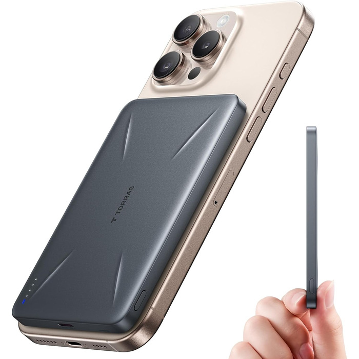 TORRAS MagPro Power Bank 5000mAh: Бездротова М'ягка Зарядна Батарея для iPhone з MagSafe, USB-C, Сірий