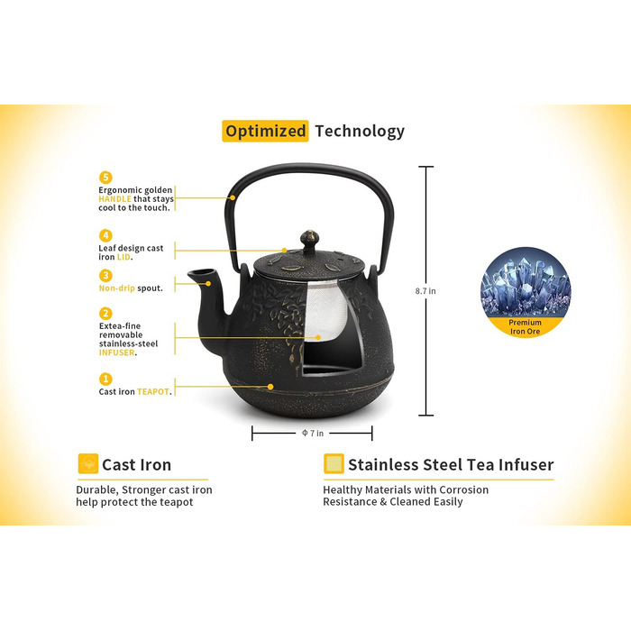 Чайник для плити преміум-класу, чавунний, з ситом для листового чаю, 1,5 л, чорний