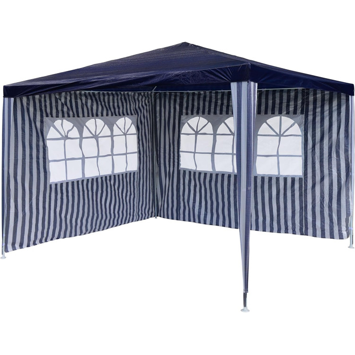 Garden pavilion, 3 x 3 m, waterproof, including 2 side walls each with 3 windows, pegs, guy ropes, corner connectors, material PE tarpaulin 110 g/m², painted metal frame, plug-in system, blue-white