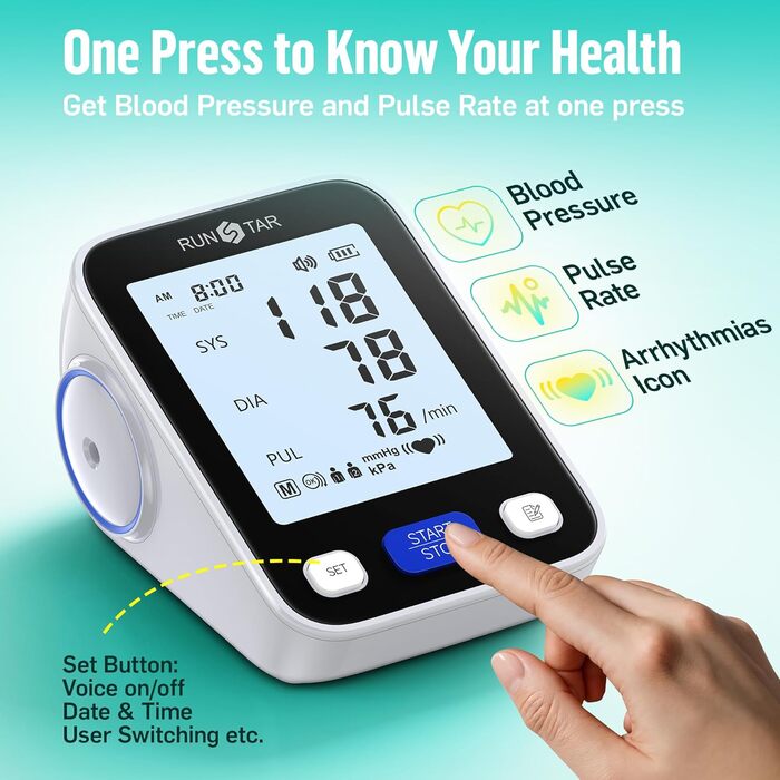 Тонометр RunStar на плече з широкою манжетою (22-42 см) для дому, автоматичний цифровий тонометр з сумкою для зберігання, пам'ять на 2 x 99 показників