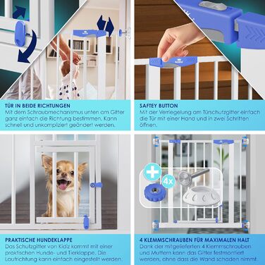 Захисний бар'єр KIDIZ для котів з люком, захист від дітей, турнікет для дитячих кімнат без свердління, поворотний, білий/блакитний, ширина 74-87 см