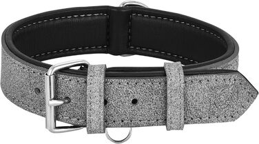 Riparo Genuine Leather Adjustable Dog Collar with Additional Reinforcement (: 4.5CM Wide for 53.4CM - 63.5CM Neck, ) (XL, Grey/White Thread)