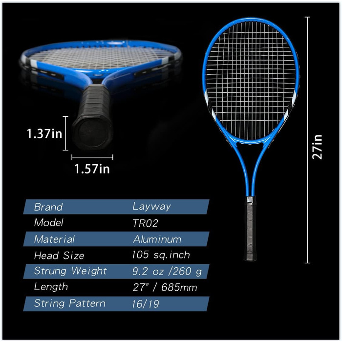Beginner Tennis Racquet Set for 2 Players - Pre-Strung 27 Inch Adult Racquets with Balls, Overgrips & Carry Bag