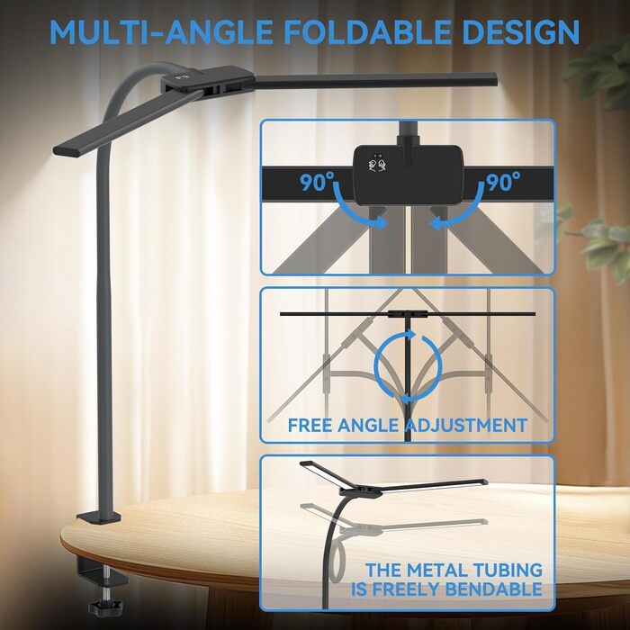 LED настільна лампа Rigors 60 см з регулюванням яскравості, 900 лм, денне світло, захист очей, 5 кольорів, 10 рівнів яскравості, гнучкий 360° шийка, з мережевим адаптером, чорний