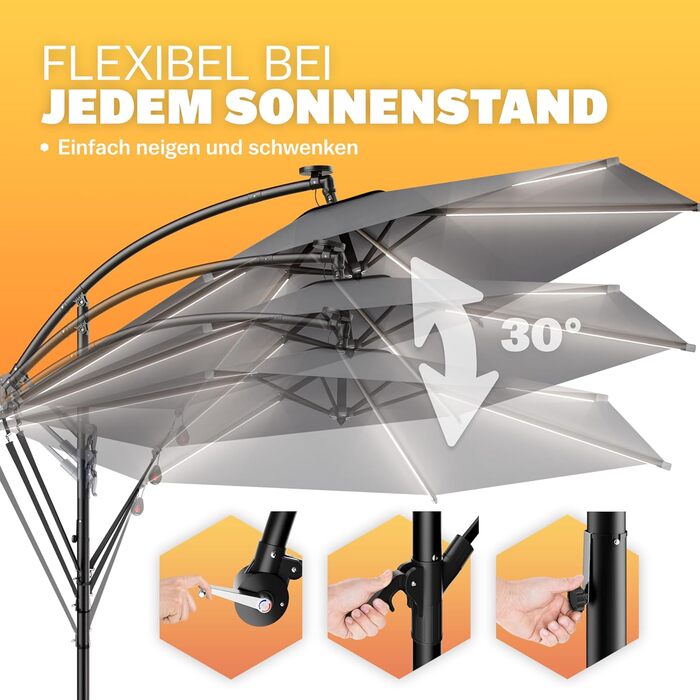 Kingsleeve® Canopy Umbrella LED Lighting UV Protection 80+ Solar Stand Protective Cover 350cm Large Crank Balcony Terrace Garden Umbrella Parasol