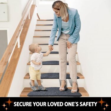 Rina Non-Slip Stair Treads - 15 Piece Set - 22x65 cm - Grey Adhesive Anti-Slip Rugs for Wooden Stairs - Indoor Safety
