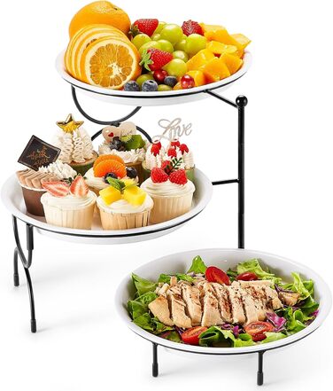 Lifewit 3-Tier Serving Tray, Round Serving Plates, White Reusable Food Trays with Display Stand for Buffets, Snacks, Vegetables, Fruit, Cookies, Dessert, Party Supplies, Black