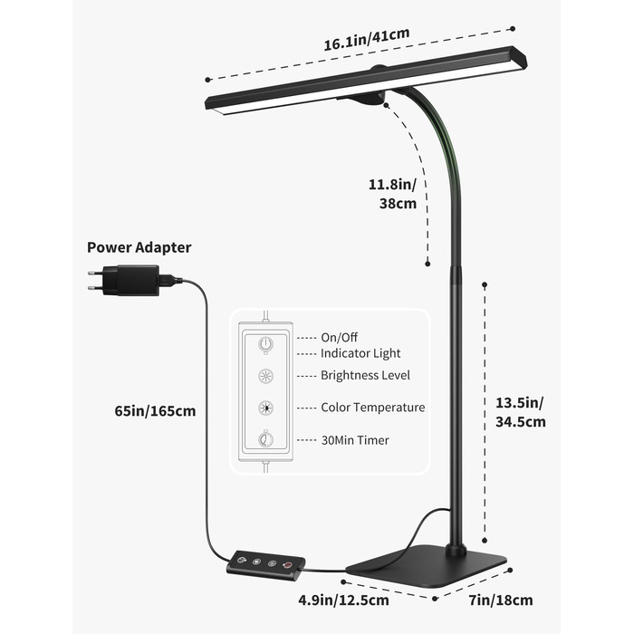 Стійка LED-лампа Kary з регулюванням яскравості, 40 см, 12 Вт, для офісу, роботи, читання, догляду за очима, дітям, 5 рівнів регулювання, 5 кольорів, таймер на 60 хвилин, чорна
