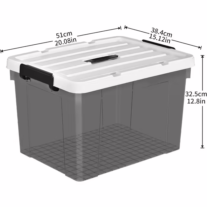 Plastic Storage Box, Tote Box, Organizing Container with Durable Lid and Secure Latching Buckles, Stackable and Nestable, 4-Pack, Transparent Black with Black Buckle (45L x 6)