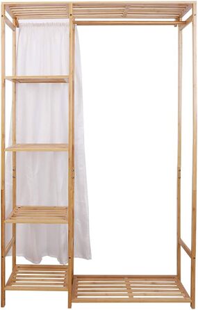 Bamboo Clothes Rack, Coat Stand with Shelves, Laundry Rack with Curtain and Clothes Rail, 90x30x146.6cm