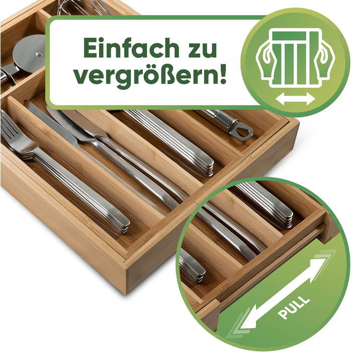 Loco Bird Cutlery Box for Drawers - 5 to 7 Compartments - Extendable Bamboo Cutlery Insert for Drawers - Drawer Organizer Kitchen - Drawer Insert Kitchen - Cutlery Organizer Drawer