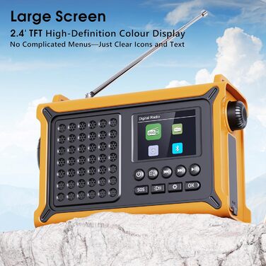 Радіоприймач Kurbelradio з DAB/DAB+/UKW, акумулятор 12000mAh, сонячна панель 8500mm², ручне радіо, Bluetooth 5.0, ліхтарик, для кемпінгу, зелений (жовтий)