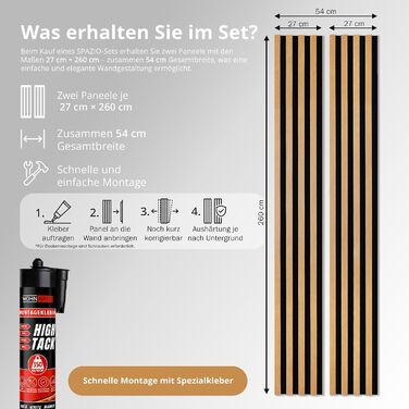 Акустичні настінні панелі SPAZIO (набір 2 шт.) 260x54 см, колір Дуб Палермо 550, оббивка з фетру