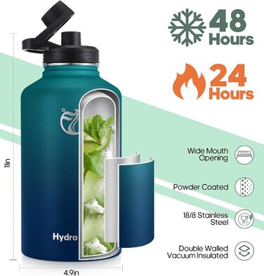 Термопляшка HydroPal 1.2л (1200мл) нержавіюча сталь, BPA-free, зелений/темно-зелений: для спорту, подорожей, кемпінгу. З трубочкою та двома кришками.