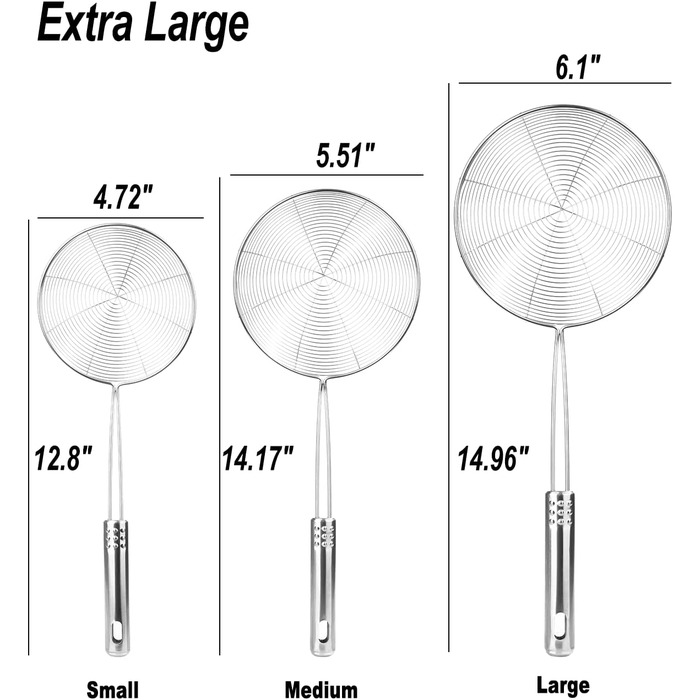 Набір сит-шумовок для кухні, 3 шт. з нержавіючої сталі, 19.5/17.5/13.5 см, з довгим руків'ям, для приготування та смаження, підходить для миття в посудомийній машині