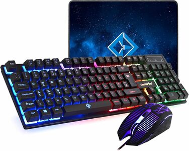 Ігровий набір клавіатури та миші Raptor з великим килимком, RGB-підсвітка, USB, UK-розкладка, для PC, Laptop, PS4, Xbox One, чорний