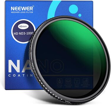 Фільтр ND3-ND1000 Neewer (46 мм) з регульованою щільністю, HD-скло, подвійне покриття, водонепроникний, для фото та відео