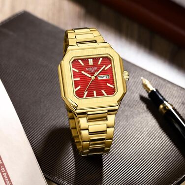 Годинник чоловічий NIBOSI: кварцовий, з нержавіючої сталі, мілітарний стиль, водостійкий, класичний, квадратний, для бізнесу, золотий/червоний