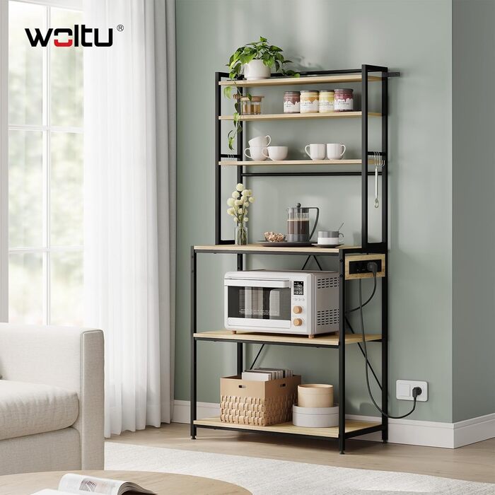 Кухонна полиця WOLTU з 6 ярусами, з розетками, мікрохвильова полиця з 6 гачками, полиця для пекаря з металевим каркасом, регульовані полиці, Чорний+Рустикальне коричневе, 60 x 167 x 40 см (Чорний+світлий дуб, 80 x 39,5 x 167 см)