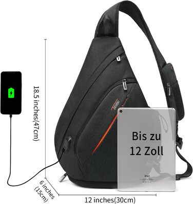 Сумка через плече TUDEQU для чоловіків, велика, 8 кишень, 19L, чорна