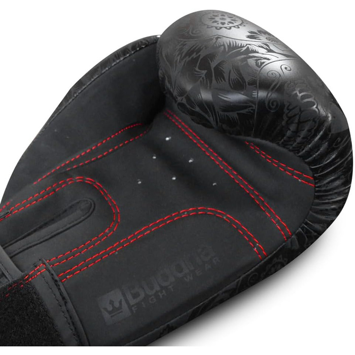 Buddha Fight Wear Luzbel Boxing Gloves - Muay Thai & Kickboxing - Premium PU Leather - Odor Resistant - Reinforced Stitching - 16oz - Black & Matte Black