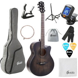 Акустична гітара Soldin 40 дюймів Premium з масивної соснової верхньої деки. Комплект: гітара, підставка, тюнер, ремінь, каподастр, струни, серветка для чищення, медіатори (Чорний)