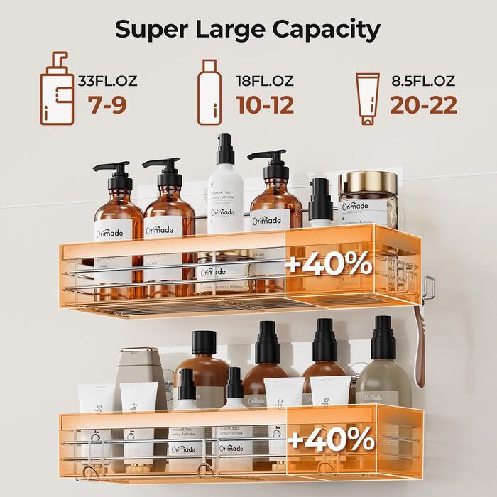 Полка для душу Orimade без свердління з 5 гачками, 2 шт. з нержавіючої сталі, срібло