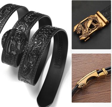 Чоловічий шкіряний ремінь з гравіюванням, вінтажний, з логотипом дракона, автоматична застібка, чорний, 122.5 см