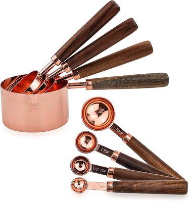 Measuring Cup and Spoon Set, Rose Gold Measuring Cups and Spoons, Stainless Steel Measuring Cups with Wooden Handle, Metal Measuring Cup Set for Cooking, Baking, 8 Pieces